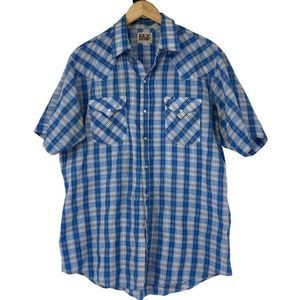 Ely Cattleman Mens Western Pearl Snap Shirt Metallic Blue Plaid Large 2999 SL